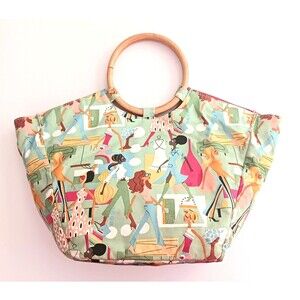 VTG Neiman Marcus Fashion Diva Green Cotton Print Tote Bamboo Ring Handle